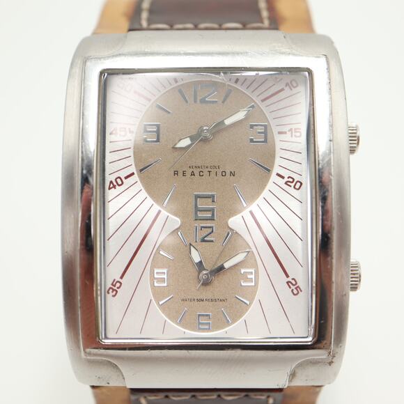 Kenneth Cole Reaction Mens Dual Time Multi Dial Tank Watch 38mm Leather Strap - Picture 4 of 16